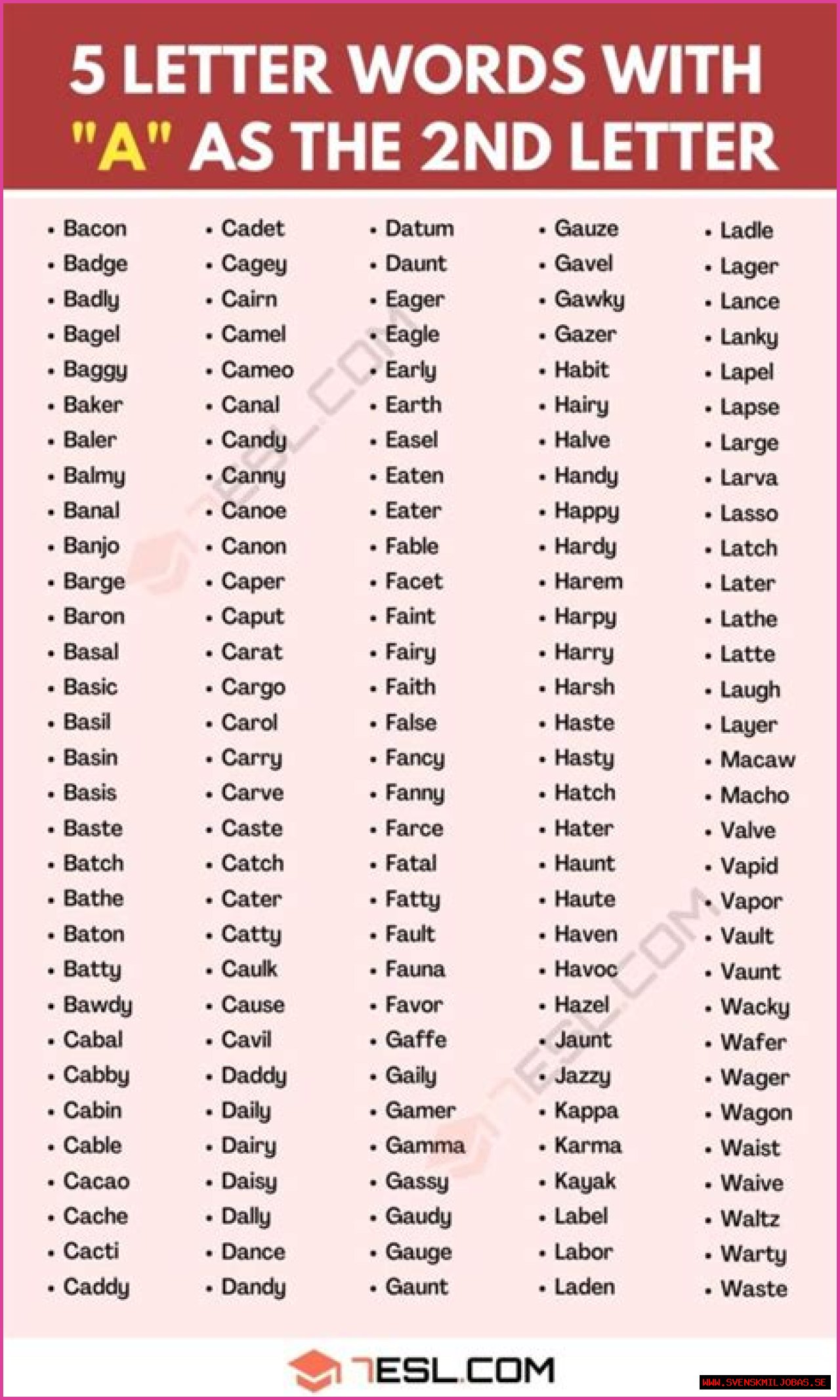 5 Letter Words With A As The 2nd Letter, List of 5 Letter Words With A As The 2nd Letter